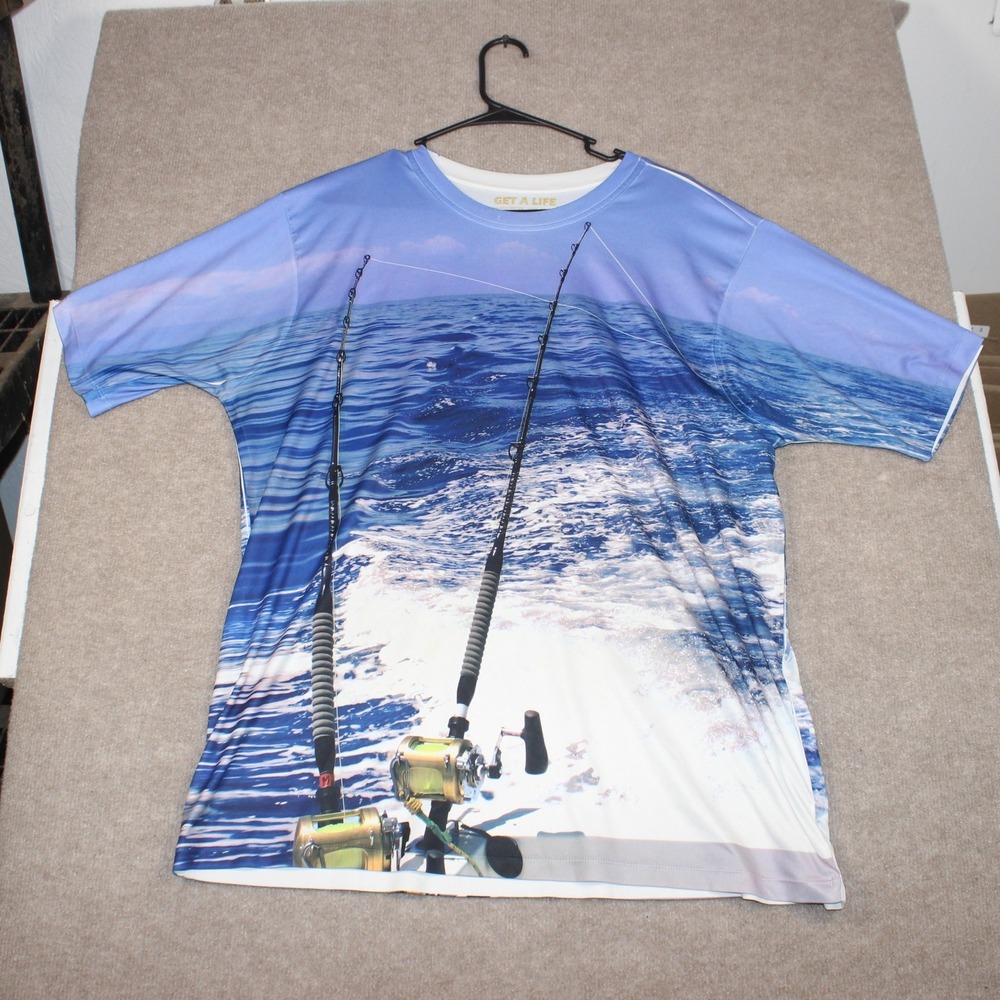 Get A Life Mens XL Blue Deep Sea Fishing Marlin All Over Print T-Shirt Polyester